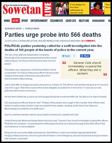 SAPS 566 PEOPLE KILLED IN POLICE CUSTODY IN 2010 Sowetan