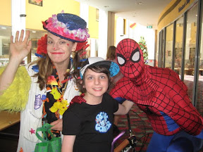 Connor with clown and Spiderman at the Children's Hospital at Westmead