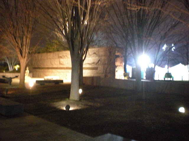 The entrance of the Roosevelt Memorial, tonight adjacent to a strange cluster of unidentified tents.