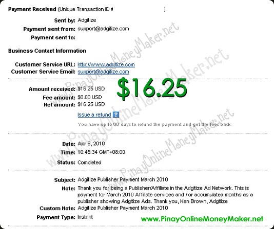 Adgitize Payment Proof - $16.25 on April 8, 2010