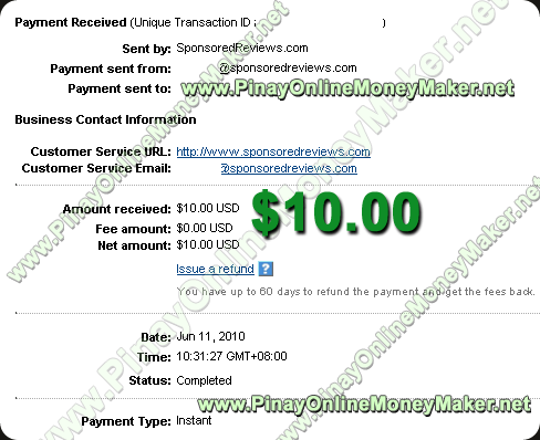 Sponsored Reviews Payment Proof - 2010 June 11 Sponsored Reviews Payment Proof - 2010 June 11