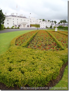 Áras an Uachtaráin's beautiful harp shaped flower garden at the Irish white house and Presidential residence.        