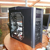 The completed system. I had to move the DVDRW to the second slot so that the SATA cables would reach the hard drives.