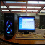 Gratuitous light up shot. Each fan contains three blue LEDS which make the blade like patterns. I'm really going to have to replace the beige keyboard...