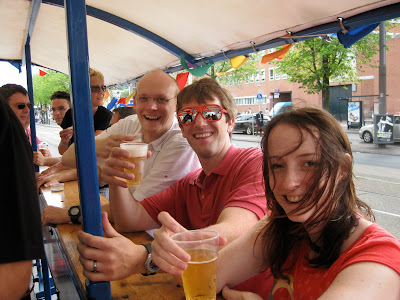 Rob, Matt, and Gemma love the beer bike!