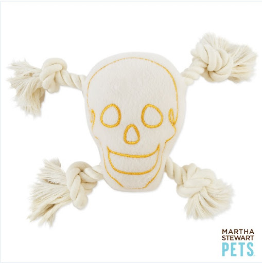 The skull plush chew toy is so fun; he laughs when you squeeze him.