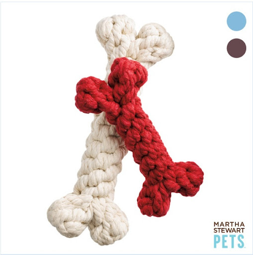 Rope bone toys. The colored dots represent other options and these are available in 6- or 8-inches.