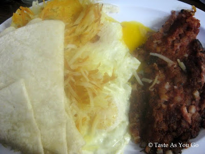 Corned Beef Hash, Eggs, Hash Browns, and Tortillas from The Place in Flagstaff, AZ - Photo by Taste As You Go