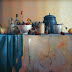 09701 - Stilleven met blauwe en witte kannen - 60x80 cm - € 6900,=