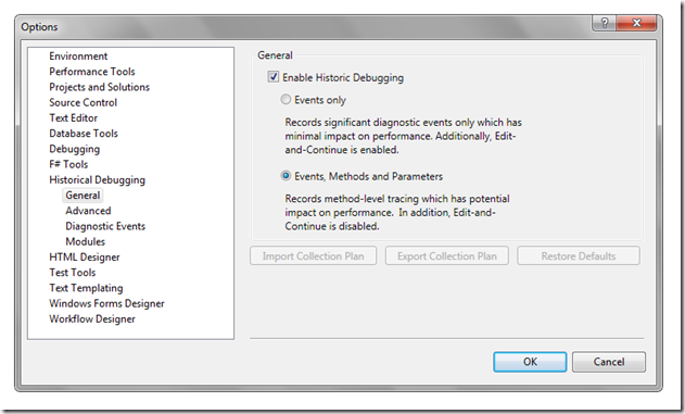 Скриншот: VS2010 Options - Historical Debugging