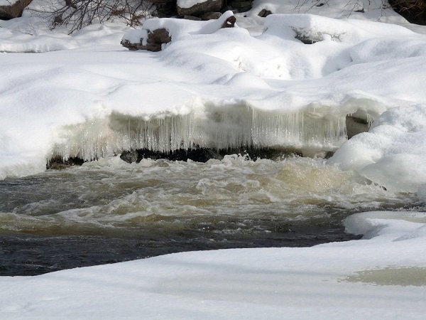 churning water at the base of a frozen waterfalls