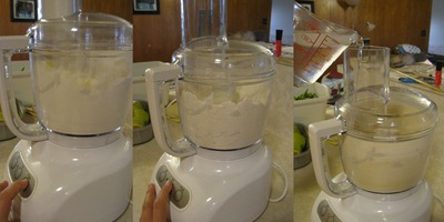 Pulsing butter Adding water Pulsing butter Adding water