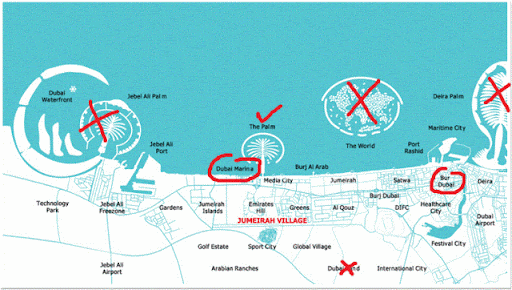 dubai islands map. of palm jumeirah island to