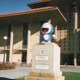 Doraemon subbing for Stanford's copy of The Thinker statue when it was temporarily removed in 2001.