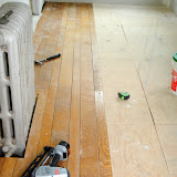 Part way through installing my salvaged quarter-sawn oak flooring (from a 100 year old house in California - I brought it with me when we moved)