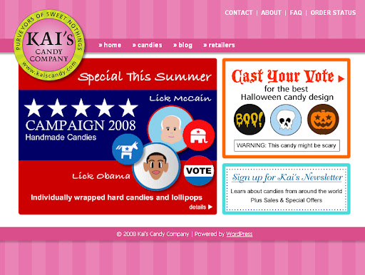 The home page for Kai's Candy Company, featuring Obama and McCain candies