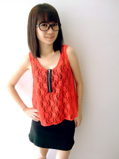 Red Lace Up red lace top with zip