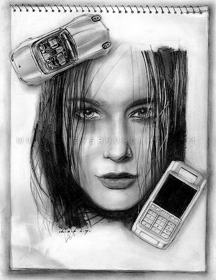 pencil drawing of a female, bmw z8 and sony ericson p910i
