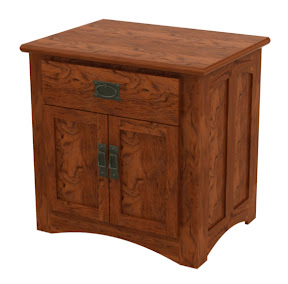Haiku Nightstand in Simulated Autumn Oak, Shown with Custom Mission Hardware