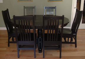 Round 48 Riverside Dining Table with Added Leaf, Arched Mission Chairs, Oak Hardwood, Midnight Finish