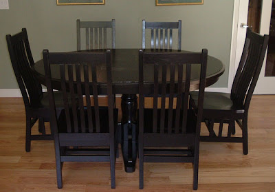 Round 48 Riverside Dining Table with Added Leaf, Arched Mission Chairs, Oak Hardwood, Midnight Finish
