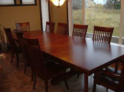 80 x 46 Trestle Dining Table With Added Leaves & Lancaster Chairs, Cherry Hardwood, Antique Finish