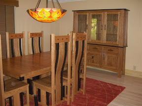 Shenzen Dining Table, Shenzen Chairs, Zen China Cabinet, Oak Hardwood, Medium & Midnight Finish
