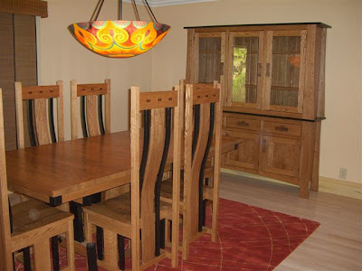 Shenzen Dining Table, Shenzen Chairs, Zen China Cabinet, Oak Hardwood, Medium & Midnight Finish