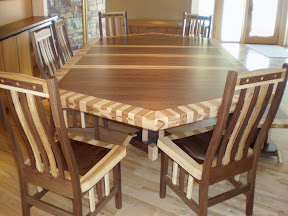 80 x 56 Custom Mixed Wood Double Border & Timber Edge Dining Table in Natural Hickory & Walnut, Bench & Raised Mission Chairs