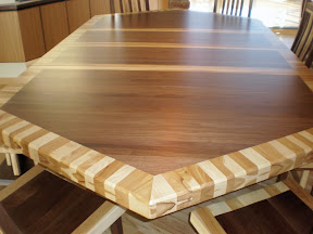 80 x 56 Custom Mixed Wood Double Border & Timber Edge Dining Table in Natural Hickory & Walnut, Bench & Raised Mission Chairs