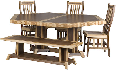 80 x 56 Turin Dining Table with Custom Border, Diamond Tabletop, Custom Timber Edge, Custom Turin Bench, Custom Raised Mission Dining Chairs, in Natural Walnut and Hickory