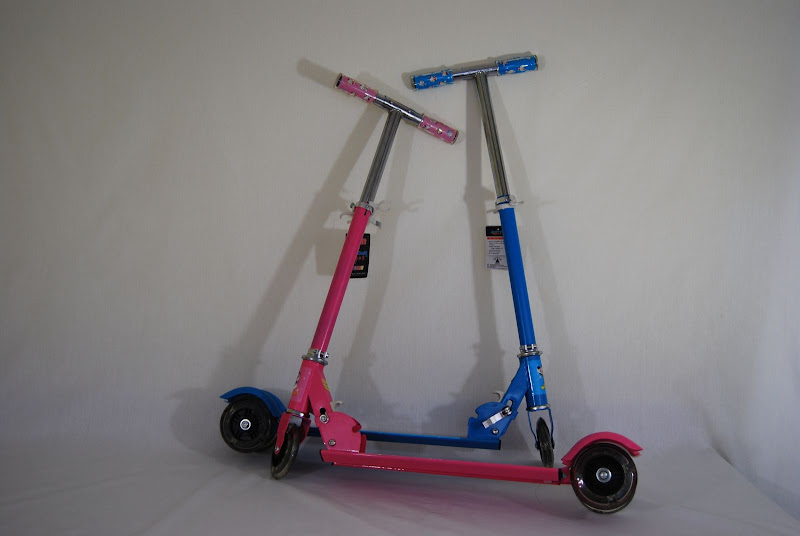 Brand New Youth Scooters. Has 1 wheel in front, and 2 in rear.Metal construction, and collabsable for storage and transport.