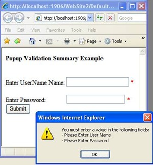How to show validations in messagebox/popup using ASP.NET