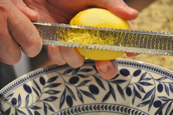 Lemon zest is the first step in the marinade for the shrimp.