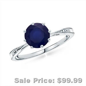 Solitaire Round Blue Sapphire Tapered Shank Ring with Diamond Accents