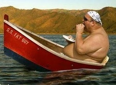 Fat Man Eating In Boat
