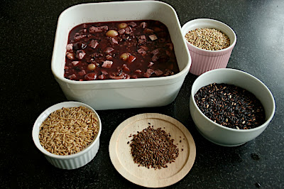 Porridge multi-grains (avoine, lins, riz interdit, sarrasin), trempage des grains 5-6h, cuisson vapeur (20mn à 100°C, 100% d'humidité) avec le jus de la purée de fruits (bac perforé) accompagné de bananes, tofu frais, raisins, cerises.