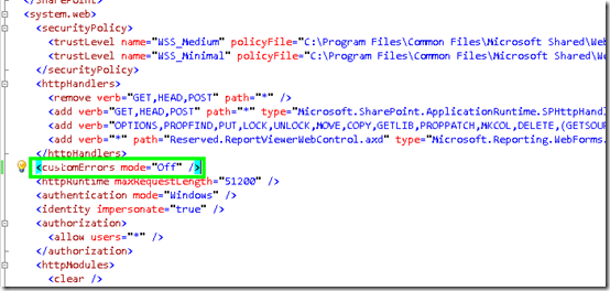 web.config changes to display full error message in sharepoint MOSS