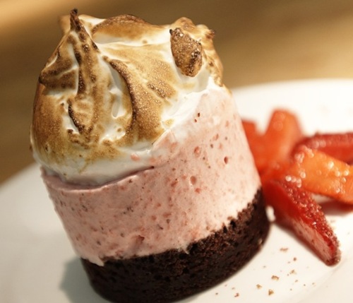 Becky Masson, Beet chocolate cake with strawberry ice cream and meringue Becky Masson, Beet chocolate cake with strawberry ice cream and meringue