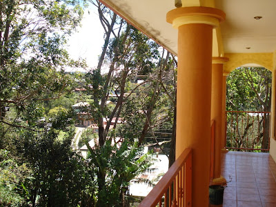 Our wonderful youth hostel in Monteverde -- Hotel Santa Fe.  If you ever go to Costa Rica, you've got to stay here if bunk beds are OK for you.  Not only is it incredibly clean, the owner of the hostel is helpful beyond belief.  When the details of our tour-to-tour transportation became irrevocably messed up, she made phone calls and saved the day.  We left her a big tip.