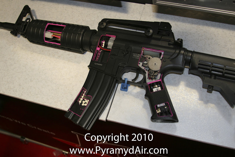 Airsoft Guns, ICS, Shot Show 2011 News Updates, Shot Show 2011 ICS Booth, ICS M4 Airsoft AEG Internals Cross-Section,Airsoft Automatic Electric Guns, Airsoft M4, Airsoft assault rifle,Airsoft AEG, M4, Pyramyd Air, Pyramyd Airsoft Blog, Airsoft Obsessed, Airsoft Blog