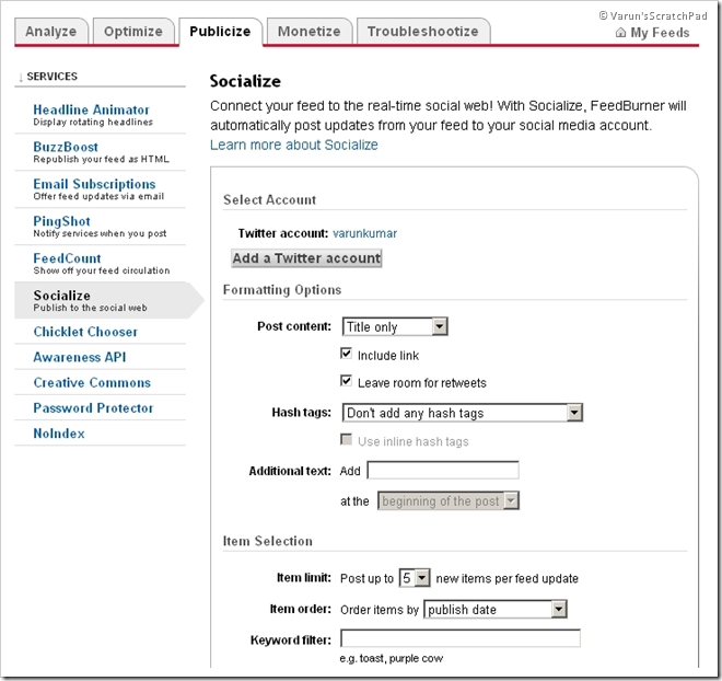 FeedBurner - Socialize Settings