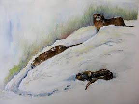 Otters at Play <br/> framed, 4”x18”, $350.00, original artwork by Diane Gibbons
