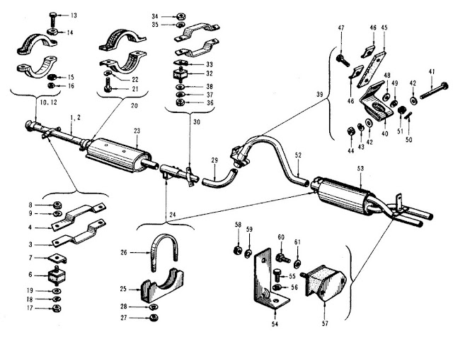 Datsun Fairlady Parts illustration no. 014-1 Exhaust Tube & Muffler (1965-1967.5) (To C/# SP311-03000, SPL311-17000, SR311-00007, SRL311-00069)