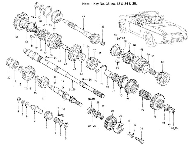 Datsun Fairlady Parts illustration no. 032C-1 Transmission Shaft & Gear 2000 (U20) (Warner Type)
