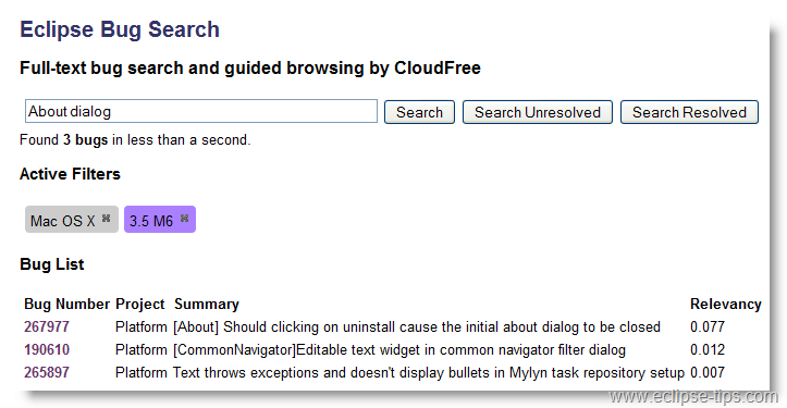 Eclipse Bug Search Filters