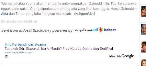 Iklan Situs ajakan Kristen Muncul di Berita Gosiip Zainudin MZ