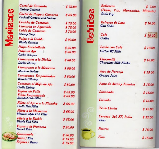 Menu page 2 - La Casita restaurant in La Peñita de Jaltemba, Nayarit, Mexico