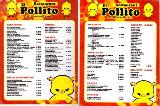 El Pollito restaurant in la Peñita de Jaltemba, Nayarit, Mexico menu