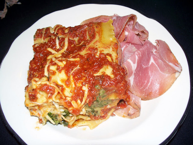 Spinach and wild mushroom lasagna with prosciutto.